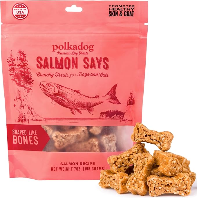 Polkadog Salmon Says Bone Shaped Dog Treats – Crunchy, All Natural, Limited Ingredient Healthy Treats. Handcrafted & Made in USA. High in Omega-3, Hypoallergenic, Easy to Digest, for All Breeds – 7oz