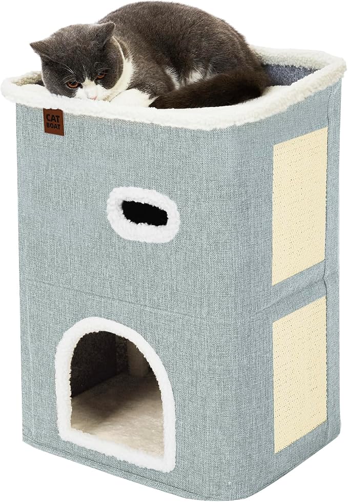 CATBOAT 2-Storey Cat House for Indoor Cats Bed, Covered Beds & Furniture with Scratch Pad and Hideaway Cave, Cute Modern Condo for Multi Small Pet Large Kitten Kitty, Light Grey