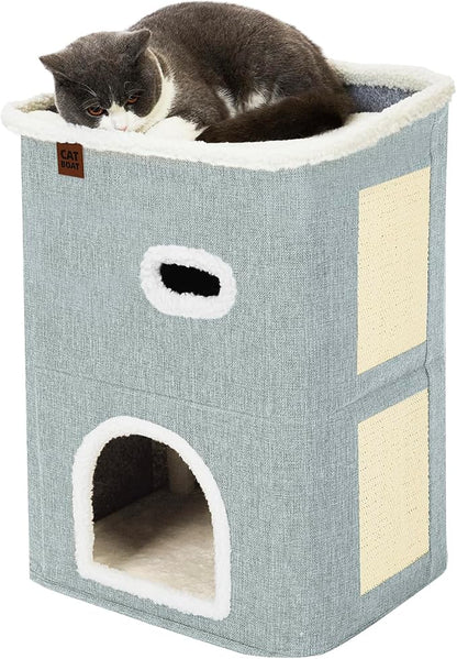 CATBOAT 2-Storey Cat House for Indoor Cats Bed, Covered Beds & Furniture with Scratch Pad and Hideaway Cave, Cute Modern Condo for Multi Small Pet Large Kitten Kitty, Light Grey