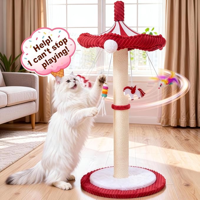 MOYMO Merry-Go-Round Cat Scratching Post & Interactive Cat Toy | 39" Very Tall Scratcher with Rotating Top for Indoor Cats, for Kittens to Large Adults
