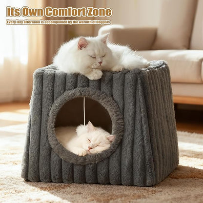 Indoor Cat House - Large Cat Bed Cave with Fluffy Balls and Scratch Pads, Foldable House and Apartment with Pads, Suitable for Multiple Cats (Deep Grey, Large)