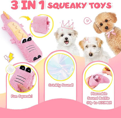 KIPRITII 25-Pack Pink Puppy Toy Set for Small Female Puppies - Includes Sweet Rope Toys, Chew Toys, Cute No-Stuffing Squeaky Dog Toy for Boredom and Teething