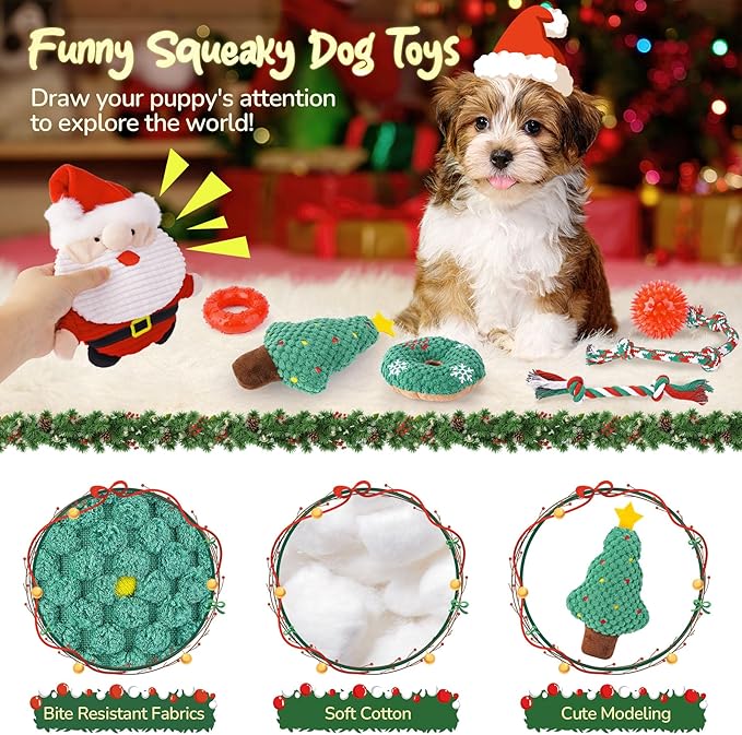 KIPRITII Puppy Toys for Xmas, 9 Pack Santa Dog Toy Set with Chew Toys, Squeaky Toys, Rope Toys & Rubber Teething Toy for Small Dogs and Puppies