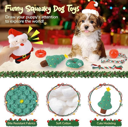 KIPRITII Puppy Toys for Xmas, 9 Pack Santa Dog Toy Set with Chew Toys, Squeaky Toys, Rope Toys & Rubber Teething Toy for Small Dogs and Puppies