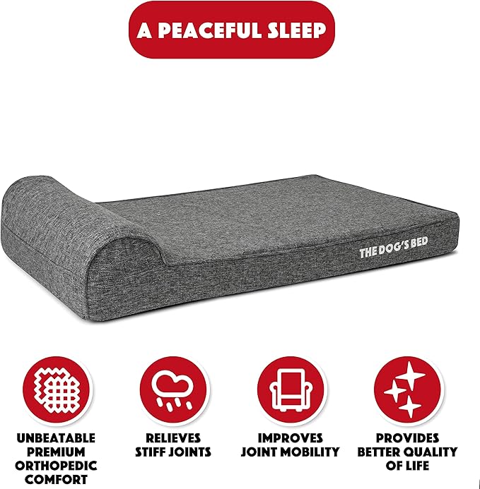 The Dog’s Bed Orthopedic Headrest Dog Bed XL Grey Linen, Memory Foam, Pain Relief for Arthritis, Hip & Elbow Dysplasia, Post Surgery, Lameness, Waterproof Washable Cover, Veterinary Approved