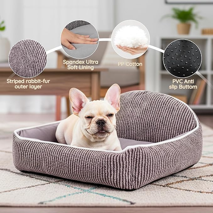 Striped Backrest Pet Sofa Bed | 30cm Semi-Circular Shell Backp Design | Suitable for 0-50lbs Cats, Dogs, Rabbits | Machine-Washable Plush Dog Bed (Dark Brown)