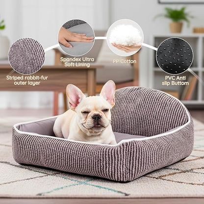 Striped Backrest Pet Sofa Bed | 30cm Semi-Circular Shell Backp Design | Suitable for 0-50lbs Cats, Dogs, Rabbits | Machine-Washable Plush Dog Bed (Dark Brown)