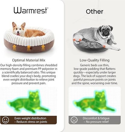 Warmrest Donut Dog Bed Medium Size Dog 30 Inch, Round Cat Beds for Small Medium Dogs and Cats with Washable Fluffy Faux Fur, Cute Comfort Pet Bed with Anti-Slip Bottom, Cream