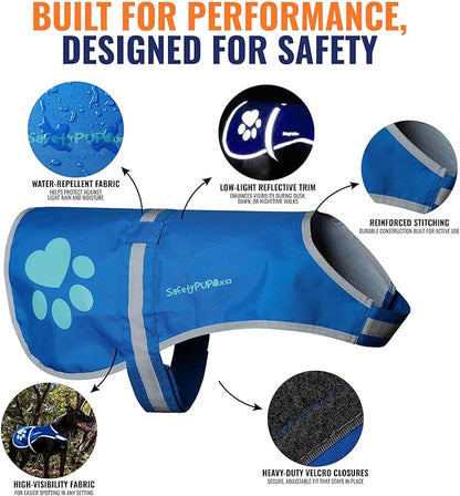 SafetyPUP XD Dog Reflective Vest – Hi-Vis Fluorescent Visibility That Helps to Safeguard Your Pet On/Off Leash in Urban & Rural Areas (Blue, Medium)