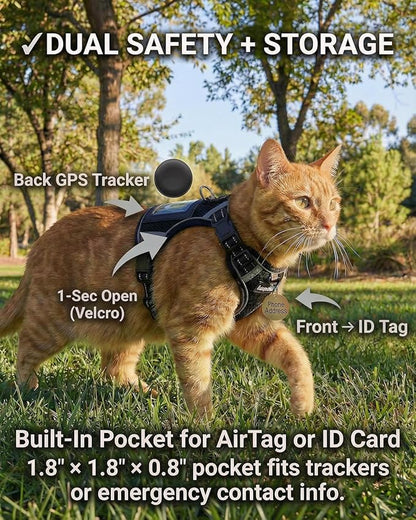 Luxelle Escape-Proof Cat Harness and Leash Set – Adjustable No Pull Soft Vest with 360° Reflective Straps, Built-in Pocket & Wrist Strap, Breathable Mesh Outdoor Harness for Cats & Kittens