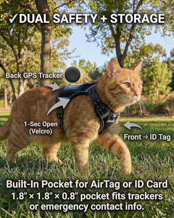 Luxelle Escape-Proof Cat Harness and Leash Set – Adjustable No Pull Soft Vest with 360° Reflective Straps, Built-in Pocket & Wrist Strap, Breathable Mesh Outdoor Harness for Cats & Kittens
