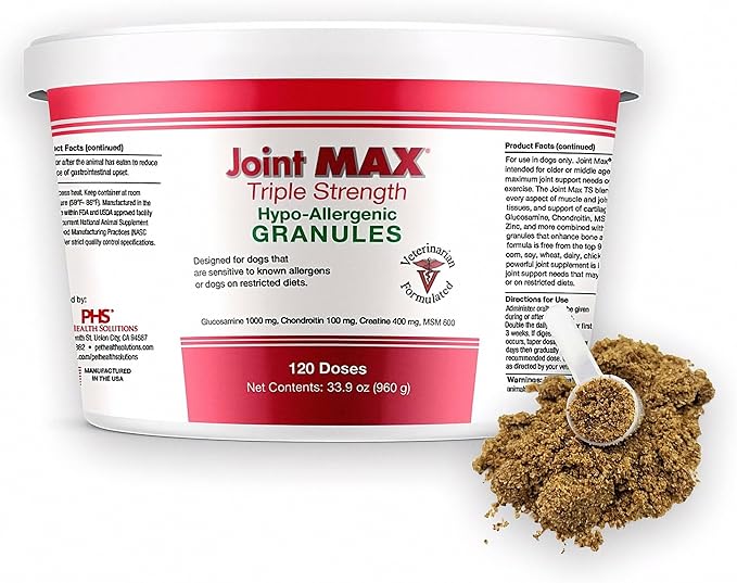 Joint MAX Triple Strength HA Granules for Dogs, Glucosamine, Chondroitin, Creatine, MSM and Antioxidants - Hip and Joint Support Supplement, 120 Doses