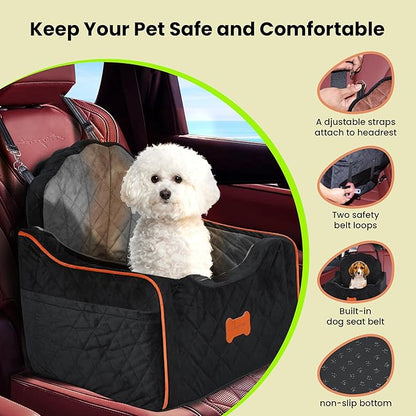 koneboss Dog Car Seat for Small Dogs Under 30lbs, Detachable Washable Pet Booster Seat with Safety Belt & Storage Pockets, Travel Car Bed, Black/Grey