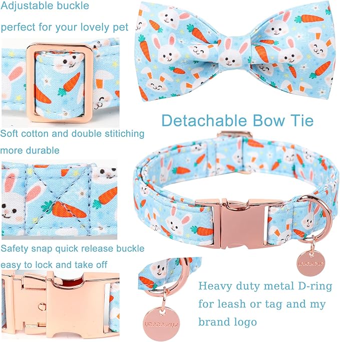 Easter Dog Collar with Bow Tie, Cotton Easter Carrot Bowtie Collar for Large Girl Boy Dog, Cute Bunny Pet Collar with Metal Buckle, Easter Gift Dog Collar, XL