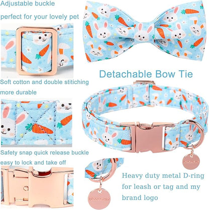 Easter Dog Collar With Bow Tie, Cotton Carrot Bowtie for Large Girl Boy Dog, Cute Bunny Pet Collar With Metal Buckle, Gift, L