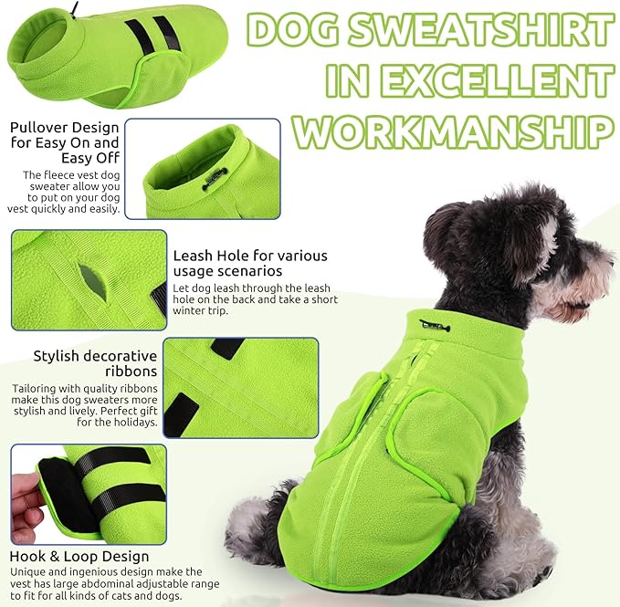 Queenmore Medium Dog Sweaters, Soft Fleece Vest Pullover Dog Jacket with Leash Hole, Warm Winter Dog Clothes Cold Weather Doggy Dachshund Sweater for Medium Dogs Cats Boy or Girl (Green, M)