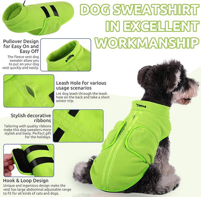 Queenmore XXS Soft Fleece Vest Pullover Dog Jacket with Leash Hole, Warm Winter Clothes for Small Dogs & Cats, Boy or Girl (Green, XXS)