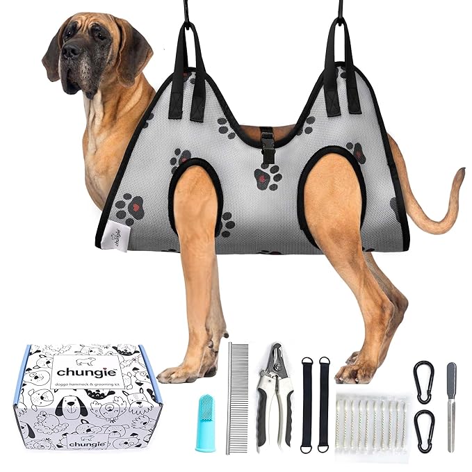 Dog Grooming Hammock for Dogs–Pet Restraint for Nail Trimming with Pet Nail Clipper–Dog Sling for Grooming, Pet Hammock for Nail Cutting & Grooming Harness (Legs Spacing: 16.14-27.14”/Max W:120lb)