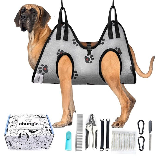 Dog Grooming Hammock for Dogs–Pet Restraint for Nail Trimming with Pet Nail Clipper–Dog Sling for Grooming, Pet Hammock for Nail Cutting & Grooming Harness (Legs Spacing: 16.14-27.14”/Max W:120lb)