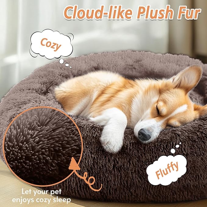 JOLLYVOGUE Calming Dog Bed Large Size Dog, Anti-Anxiety Donut Large Pet Bed, 36 inches Fluffy Faux Fur Round Cat Bed, Fits up to 75 lbs Pets