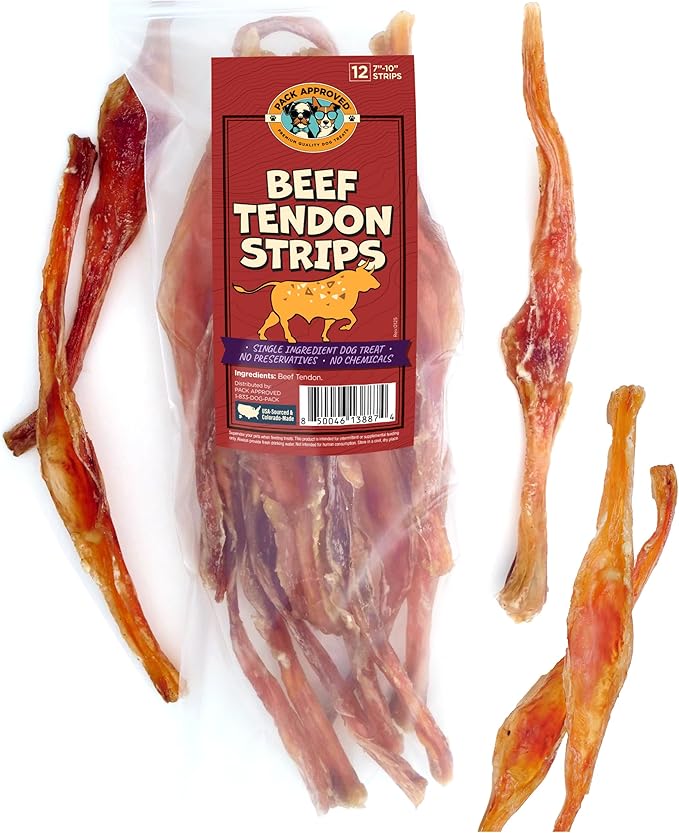 Pack Approved Beef Tendons for Large Dogs & Medium Breeds - Digestible Chews & Dog Treats for Large Dogs - Single Ingredient Dog Chew Sticks - 7-10" (12ct)