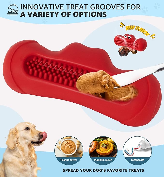 Durable Dog Chew Toy for Aggressive Chewers, Tough Natural Rubber Squeaky Dog Toy with Irresistible Beef Flavor, Dental Care, Teeth Cleaning & Boredom Relief for Medium & Large Dogs (Red)
