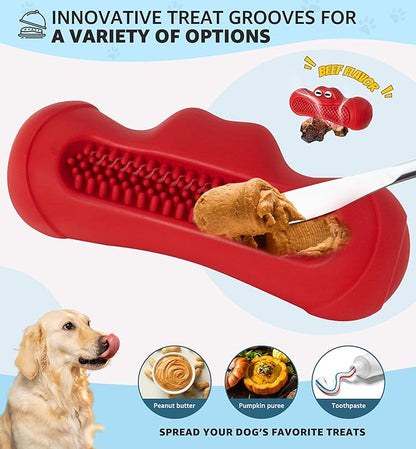 Durable Dog Chew Toy for Aggressive Chewers, Tough Natural Rubber Squeaky Dog Toy with Irresistible Beef Flavor, Dental Care, Teeth Cleaning & Boredom Relief for Medium & Large Dogs (Red)
