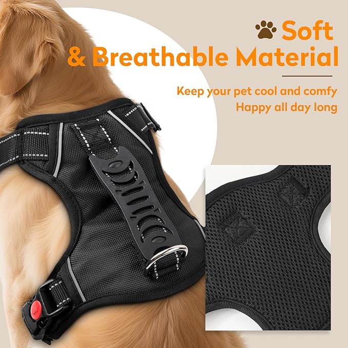 No Pull Dog Harness with 2 Leash Clips, Reflective Adjustable Soft Padded Vest with Handle, Breathable Oxford No Choke Pet Vest for Large Dogs, Black,XL