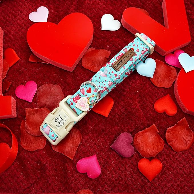 Elegant little tail Dog Collar, Pink Heart Dog Collar for Medium Dogs, Female or Male Adjustable Cotton Pet Collar with Quick Release Buckle for Small Medium Large Dogs