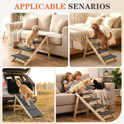 Dog Stairs/Steps, 2-in-1 Foldable Wooden Pet Stairs, Wood Frames and Non-Slip Carpet Suitable for High Beds, Car, Couch, Durable Wooden Dog Stairs for Small Medium and Large Dogs,4 Steps