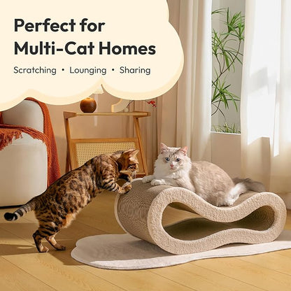 Pet JoJo Cloud Lounge Cat Scratching Pad, Reversible Scratch Board with Natural Curves for Freestyle Scratching & Ergonomic Support, Extra Wide Cat Bed for Large Cats, Premium Cardboard & Cozy Fabric