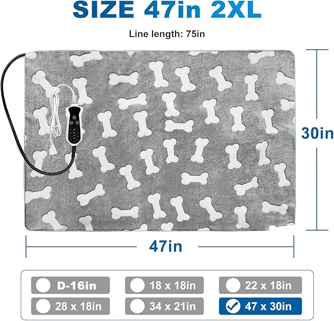 Quwzayail Extra Large Dog Heating Pad, Whelping Supplies Heated Dog Bed, 9 Gears and time Settings with Automatic Shut-Off,Chew Resistant Steel Cord (47.0" L x 30.0" W x 0.5" Th, Gray Pattern)