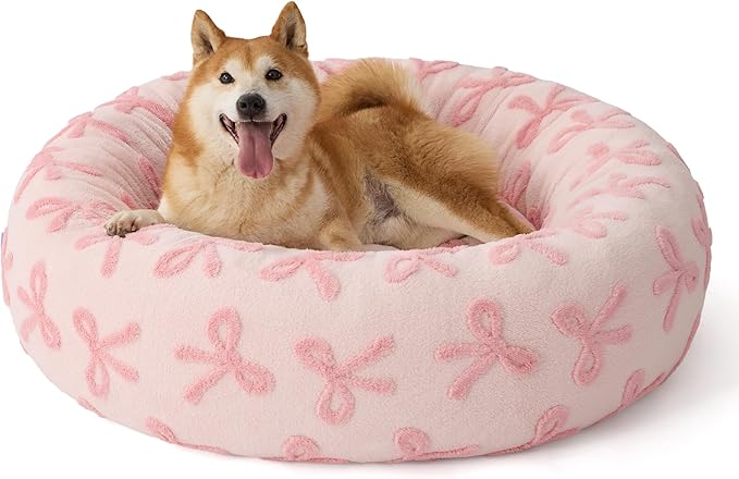 LE SURE Shown on TV Donut Large Dog Beds - Round Cat Beds Indoor Anti-Anxiety Calming Gift for Pets, Washable Home Decor Cute Beds with Jacquard Shaggy Plush & Anti Slip Bottom, 36 Inch, Pink Taffy