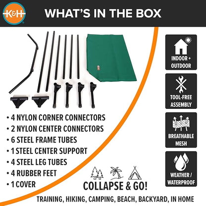K&H Pet Products Outdoor Elevated Dog Cot, Cooling Raised Bed with Waterproof Breathable Mesh for Large Dogs, Portable Pet Bed with Heavy-Duty Metal Frame, Oversized Hammock Style - Extra-Large Green