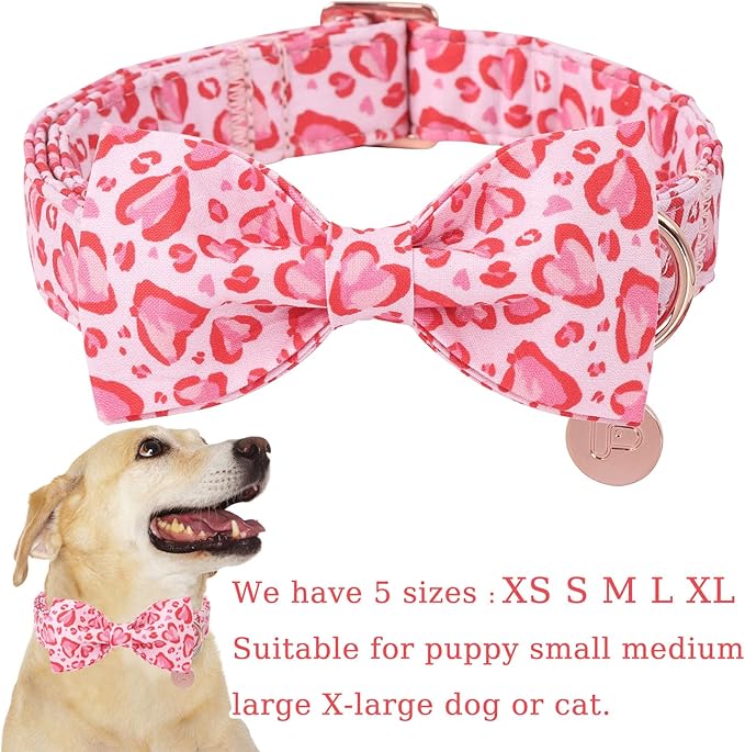 UP URARA PUP Valentine’s Day Dog Collar with Bow Tie, Pink Heart Bowtie Collar with Metal Buckle, Valentine’s Day Gift Pet Collar for Puppy Girl Boy Dog or Cat, Wedding Dog Collar,XL, Neck 16-26in