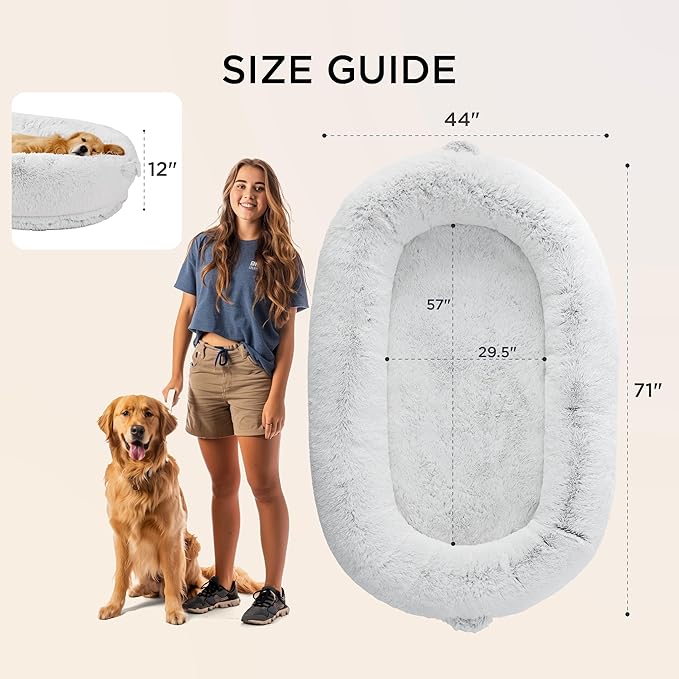Bedsure Calming Human Dog Bed, 71" x 44" x 12" Giant Human Dog Bed for Adults People Fits Pet Families with Storage Pocket, Fluffy Faux Fur Orthopedic Pet Bean Bed, Frost Grey