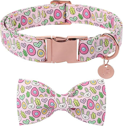 Easter Bunny Dog Collar with Bowtie,Cotton Easter Eggs Bowtie Collar for Puppy Girl Boy Dogs,Cute Bunny Pet Collars with Metal Buckle,Gift Dog Collars, L, Neck 16-24in