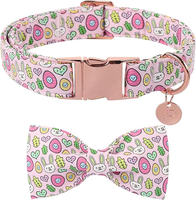 Easter Bunny Dog Collar with Bowtie,Cotton Easter Eggs Bowtie Collar for Puppy Girl Boy Dogs,Cute Bunny Pet Collars with Metal Buckle,Gift Dog Collars, S, Neck 10-16in