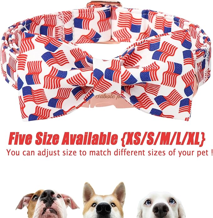 American Flag Dog Collar with Bow Tie - 4th of July US Flag Bowtie Collar Independence Day Safety Patriotic Dog Collars for Small Medium Large Dogs M