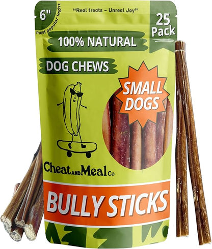 Bully Sticks for Small Dogs, (6 Inch, 25 Count), Small Chew Toy for Puppies and Senior, Natural, Single Ingredient, 100% Beef Pizzle, Long Lasting Treats, Grass Fed, Rawhide-Free