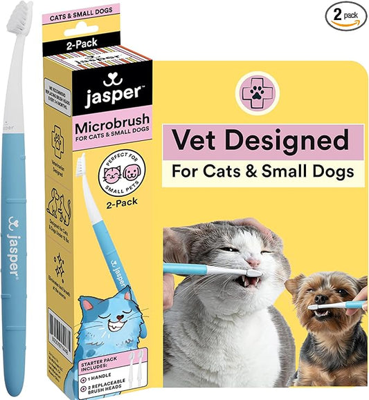 Jasper Microbrush Vet Approved Cat Toothbrush, Soft-Bristled Toothbrush Kit for Felines & Small Dogs, Non-Slip Handle with 2 Replaceable Tooth Brush Heads, Use with Cat Toothpaste