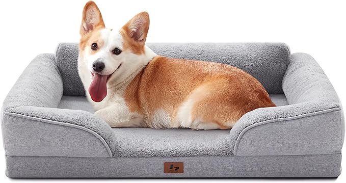 Warmrest Orthopedic Dog Beds for Medium Size Dogs, Waterproof Egg-Crate Foam Pet Couch Bed with Soft Sides, Non-Slip Dog Sofa with Fleece Removable Washable Cover, 35"L Supportive Pet Sofa, Light Grey