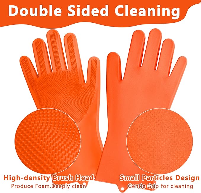 Pet Grooming Gloves—Heat Resistant Dog Washing Gloves with High-Density Teeth, Dog Bath Scrubber with Enhanced Five Finger Design, Silicone Gloves for Dogs and Cats Bathing, Massage (Orange)