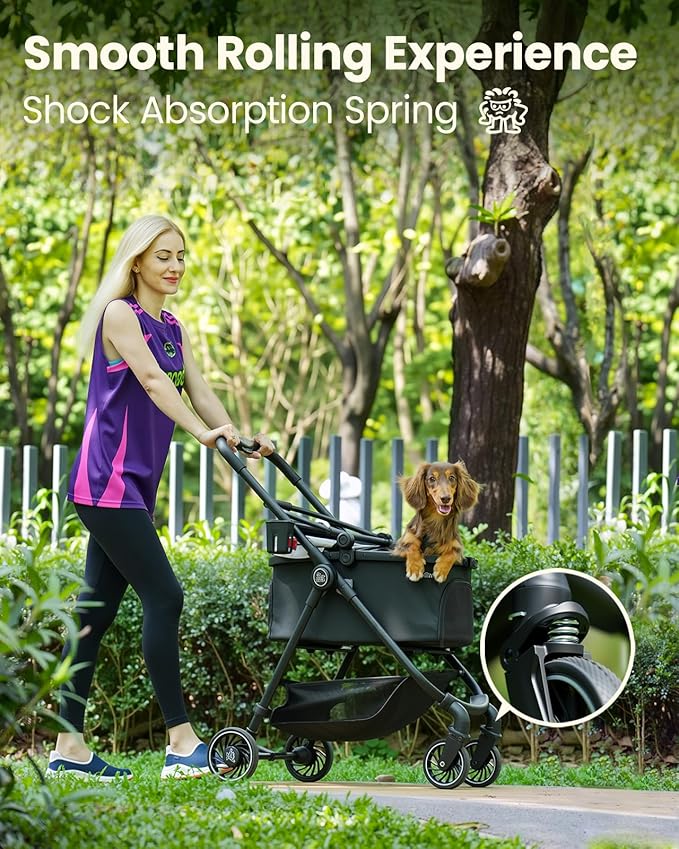 Pawccoli Pet Stroller for Small Dogs and Cats, One-Click Foldable Dog Stroller with Detachable Carrier & 3 Safety Tethers, Holds up to 33 lbs, Storage Basket & Cup Holder, Breathable Mesh, Black