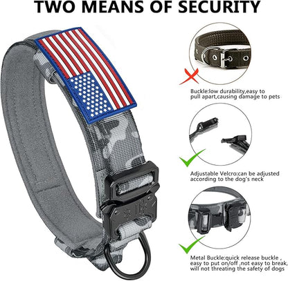 DAGANXI Tactical Dog Collar, Adjustable Military Training Nylon Dog Collar with Control Handle and Heavy Metal Buckle for Medium and Large Dogs, with Patches and Airtags Case (S, Camo)