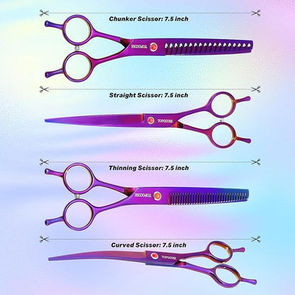 TOPGOOSE Dog Grooming Scissors Kit, Professional 6 in 1 Pet Scissors Sharp Shears Set - Straight, Thinning, Chunker, Curved Shears and Comb for Long Short Hair for Dog Cat (Set, Purple)