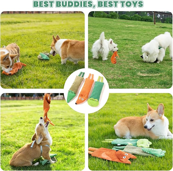 Tierglück Interactive Squeaky Dog Toys for Small, Medium & Large Dogs, 3-Pack No-Stuffing Plush Chew Toys with Crinkle for Teething Puppies & Gentle Chewers – Keeps Bored Dogs Busy and Safe