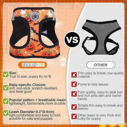 BEAUTYZOO Step in Dog Harness and Leash Set,Floral Pattern Reflective Dog Harness No Pull No Choke Puppy Harness for Medium Dogs Cats,Soft Padded Mesh Vest Harnesses for Girl and Boy Pets, Halloween M