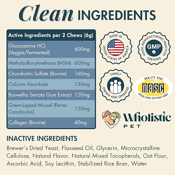 Wholistic Pet Hip & Joint Supplement for Dogs - MSM, Glucosamine, Chondroitin for Dogs - Dog Joint Supplement for Support & Relief from Discomfort - Bacon - 90 Mobility Chews