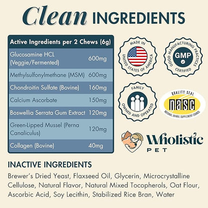 Wholistic Pet Hip & Joint Supplement for Dogs - MSM, Glucosamine, Chondroitin for Dogs - Dog Joint Supplement for Support & Relief from Discomfort - Bacon - 90 Mobility Chews